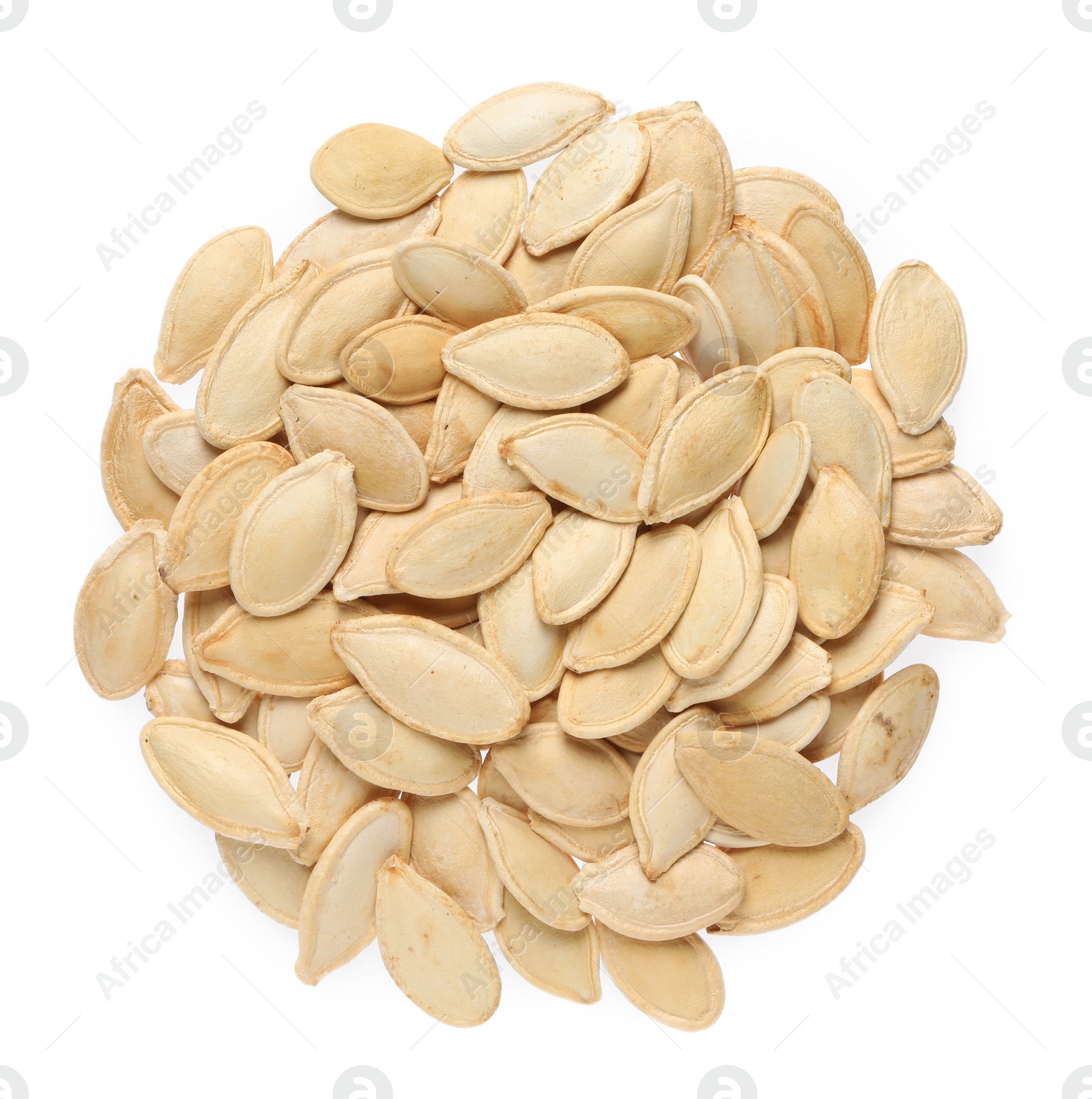 Photo of Heap of pumpkin seeds isolated on white, top view