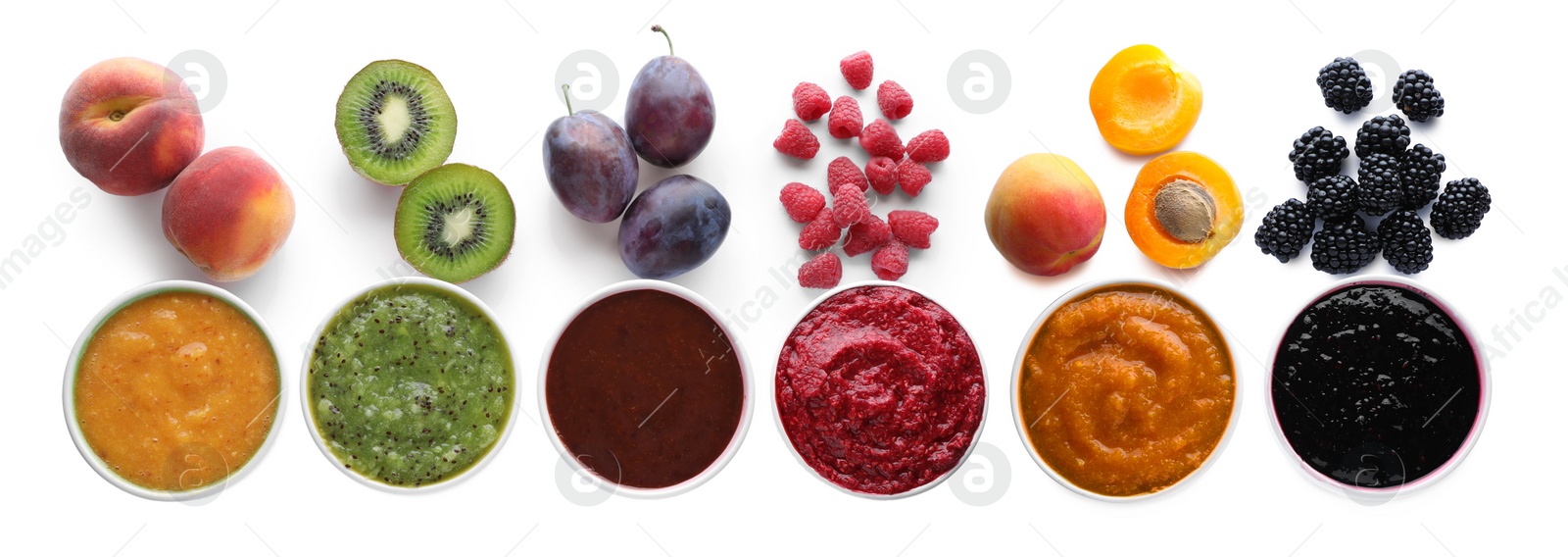 Image of Set with different tasty fruit puree on white background, top view. Banner design