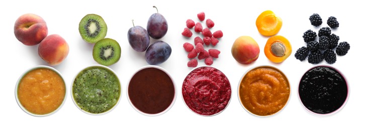 Image of Set with different tasty fruit puree on white background, top view. Banner design