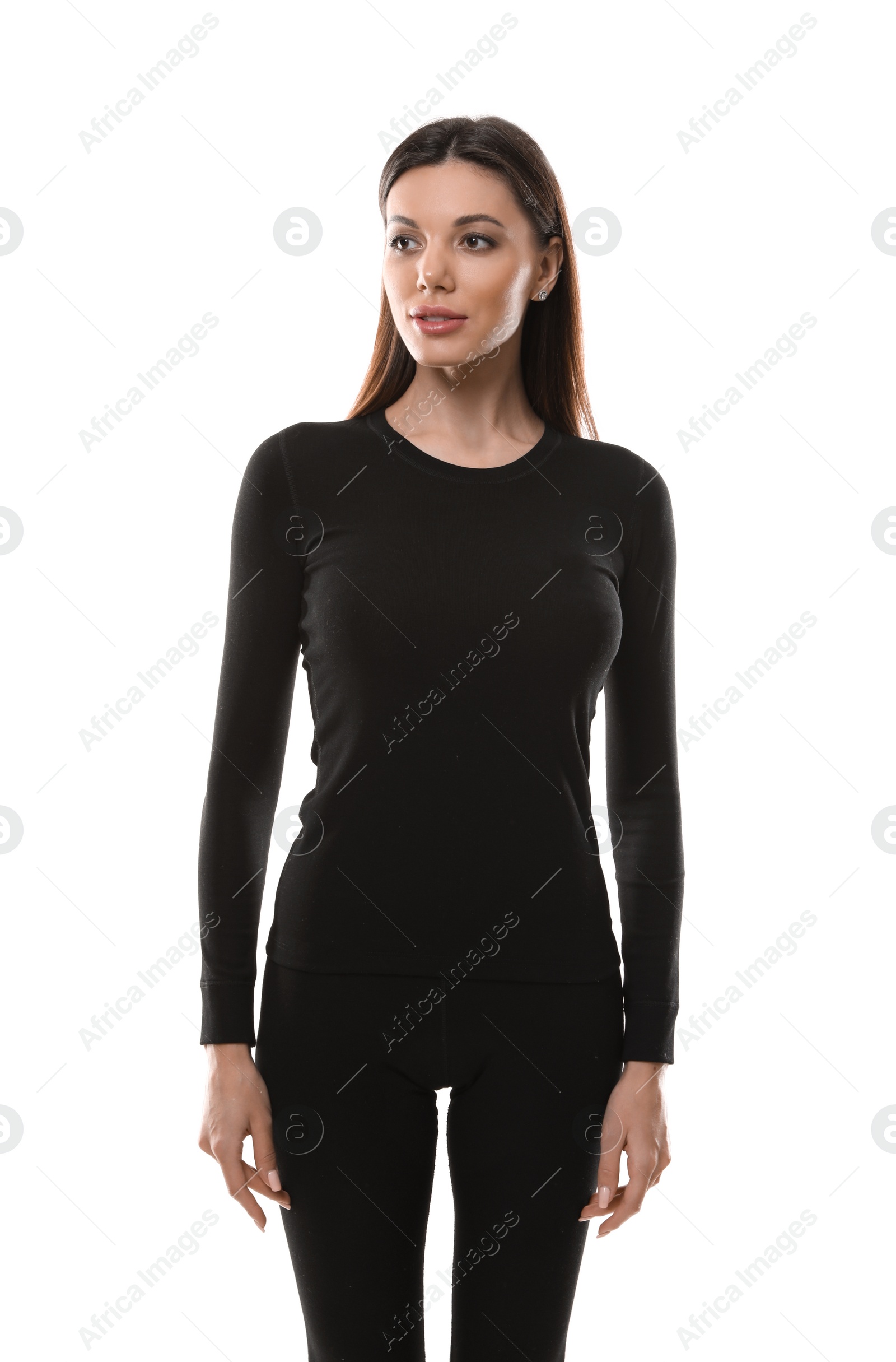 Photo of Woman wearing thermal underwear isolated on white