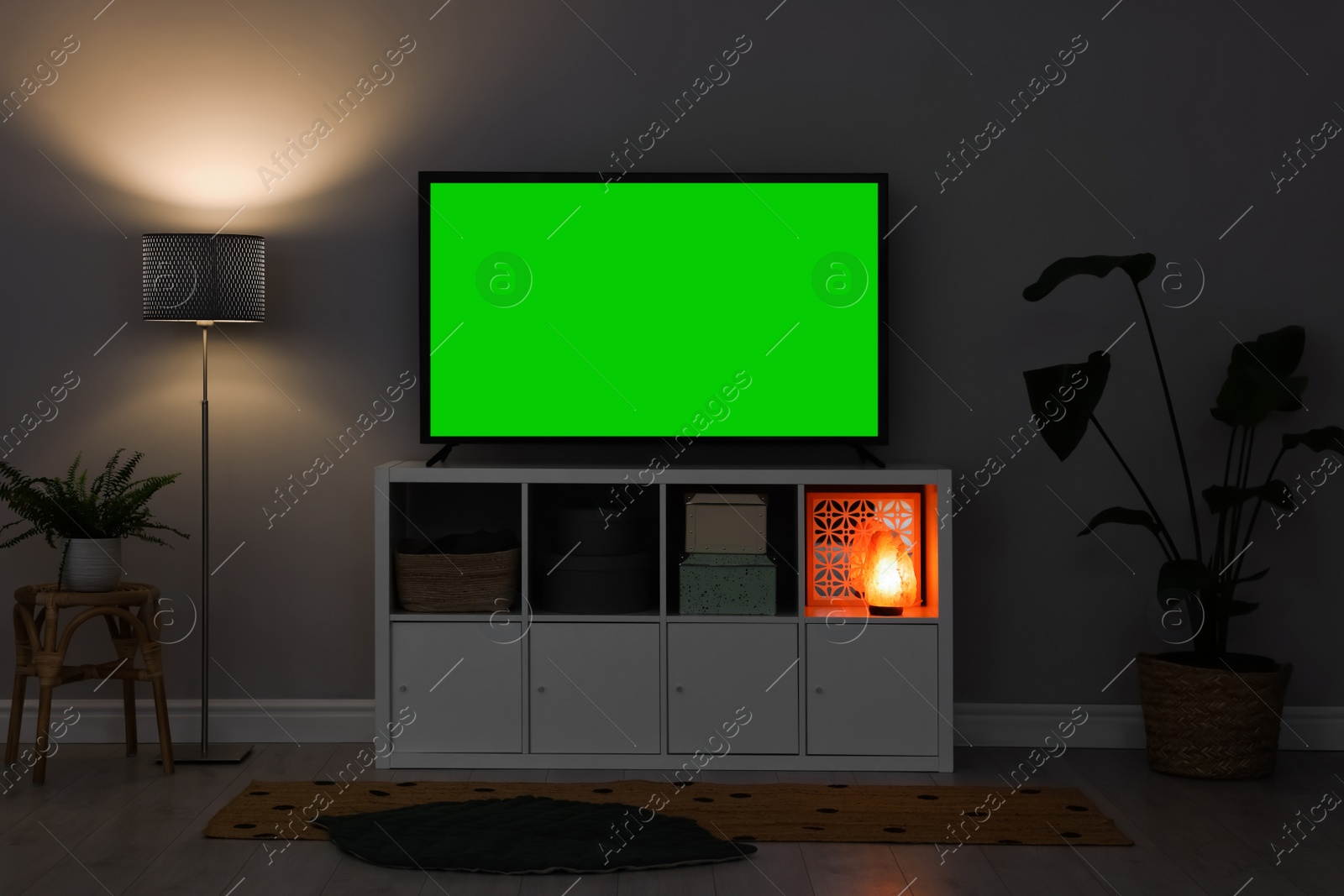 Image of Modern TV on cabinet, floor lamp and beautiful houseplants near light wall indoors. Interior design