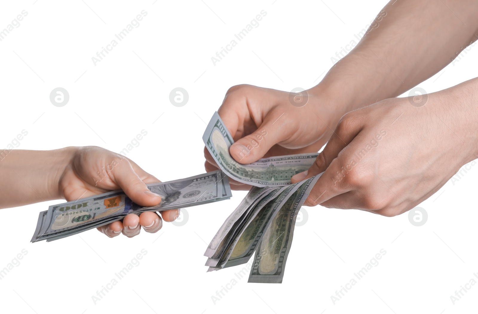 Photo of Money exchange. Man giving dollar banknotes to woman on white background, closeup