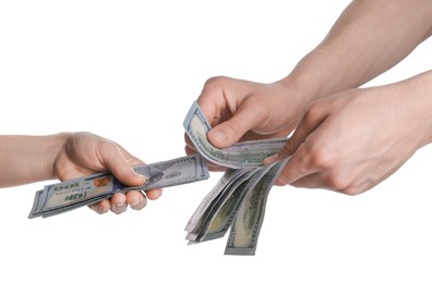 Photo of Money exchange. Man giving dollar banknotes to woman on white background, closeup