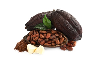 Photo of Composition with cocoa products on white background