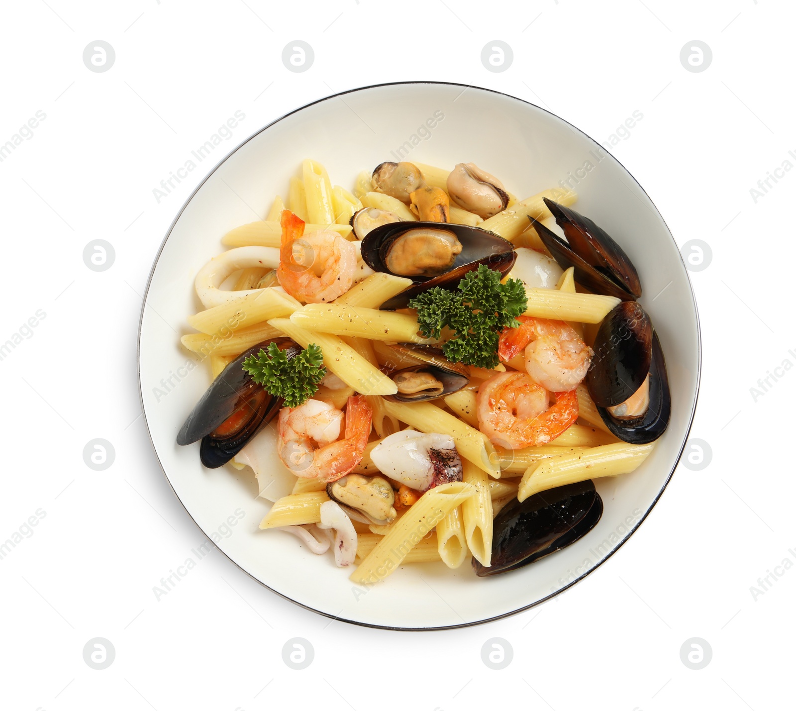 Photo of Delicious pasta with sea food isolated on white, top view