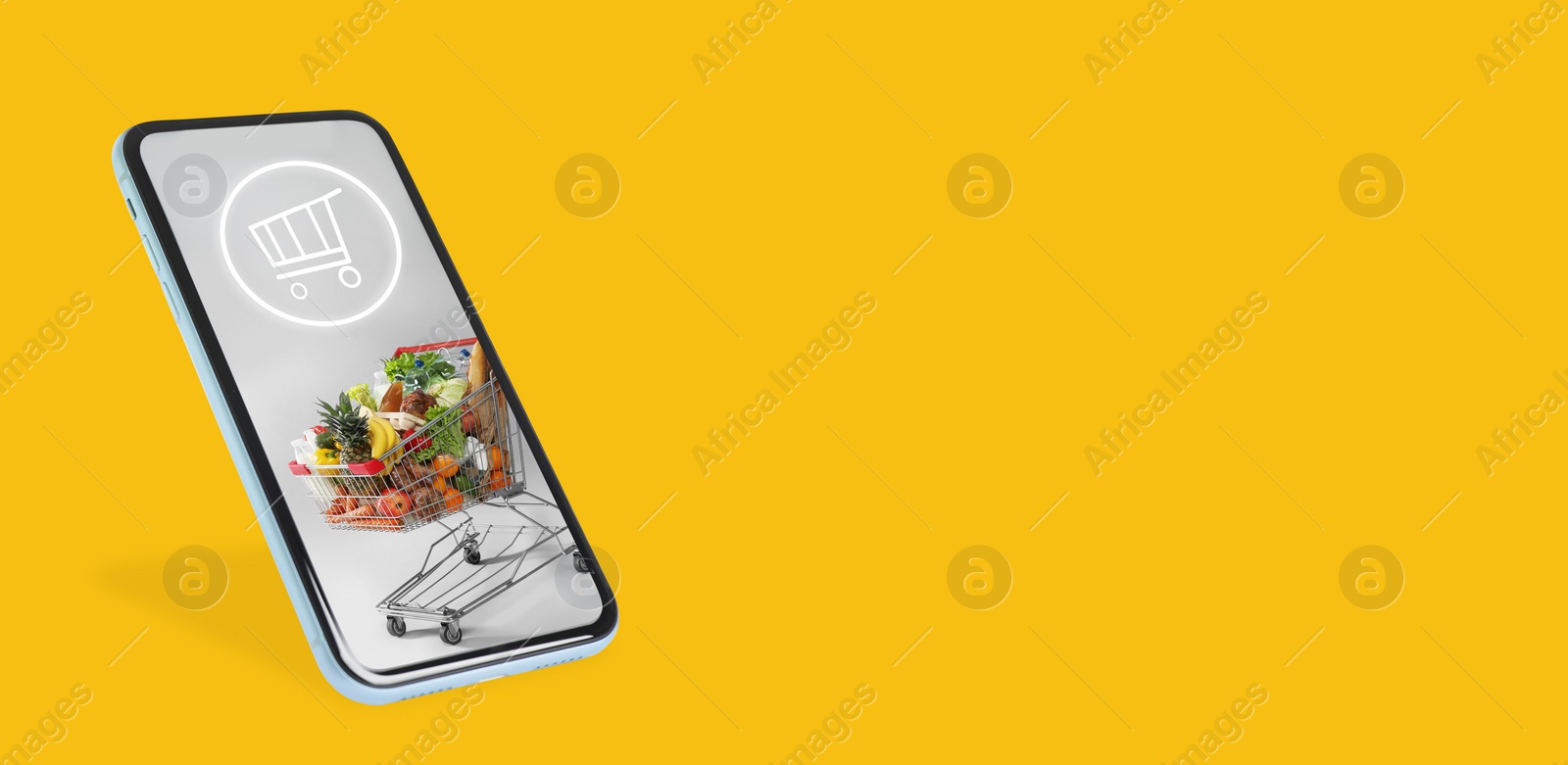 Image of Online purchases. Smartphone with shopping cart icon and trolley full of different products on orange background. Banner design with space for text