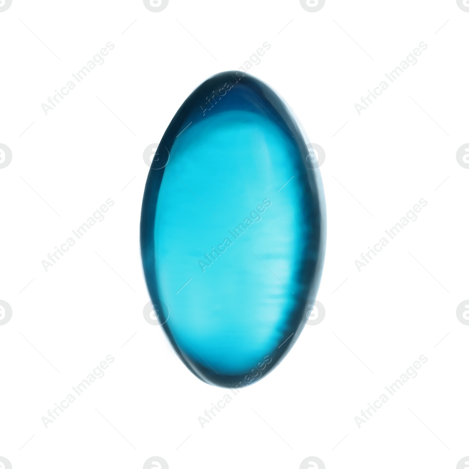 Photo of One light blue pill on white background. Medicinal treatment