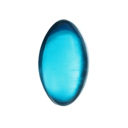 Photo of One light blue pill on white background. Medicinal treatment
