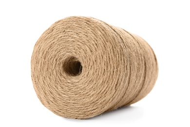 Photo of Spool of hemp rope on white background