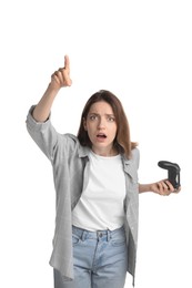 Photo of Surprised woman with game controller on white background