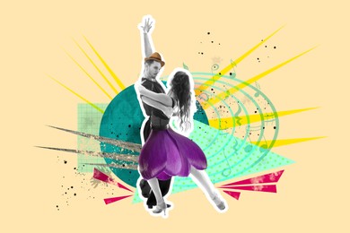 Image of Couple dancing on bright background, creative collage. Stylish art design