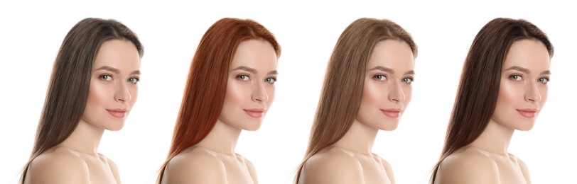 Image of Collage with photos of beautiful young woman with different hair colors on white background. Banner design