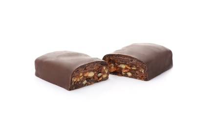 Photo of Tasty glazed protein bar on white background