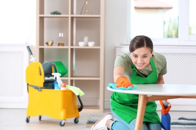 Photo of Young woman cleaning table with rag indoors