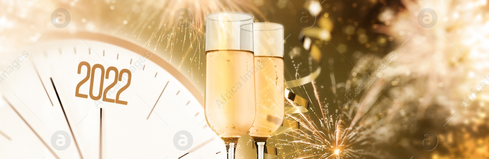 Image of Glasses of sparkling wine, clock, shiny streamers and firework on color background, banner design. Countdown to New Year 2022