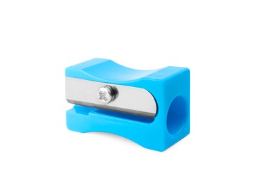 Plastic light blue pencil sharpener isolated on white