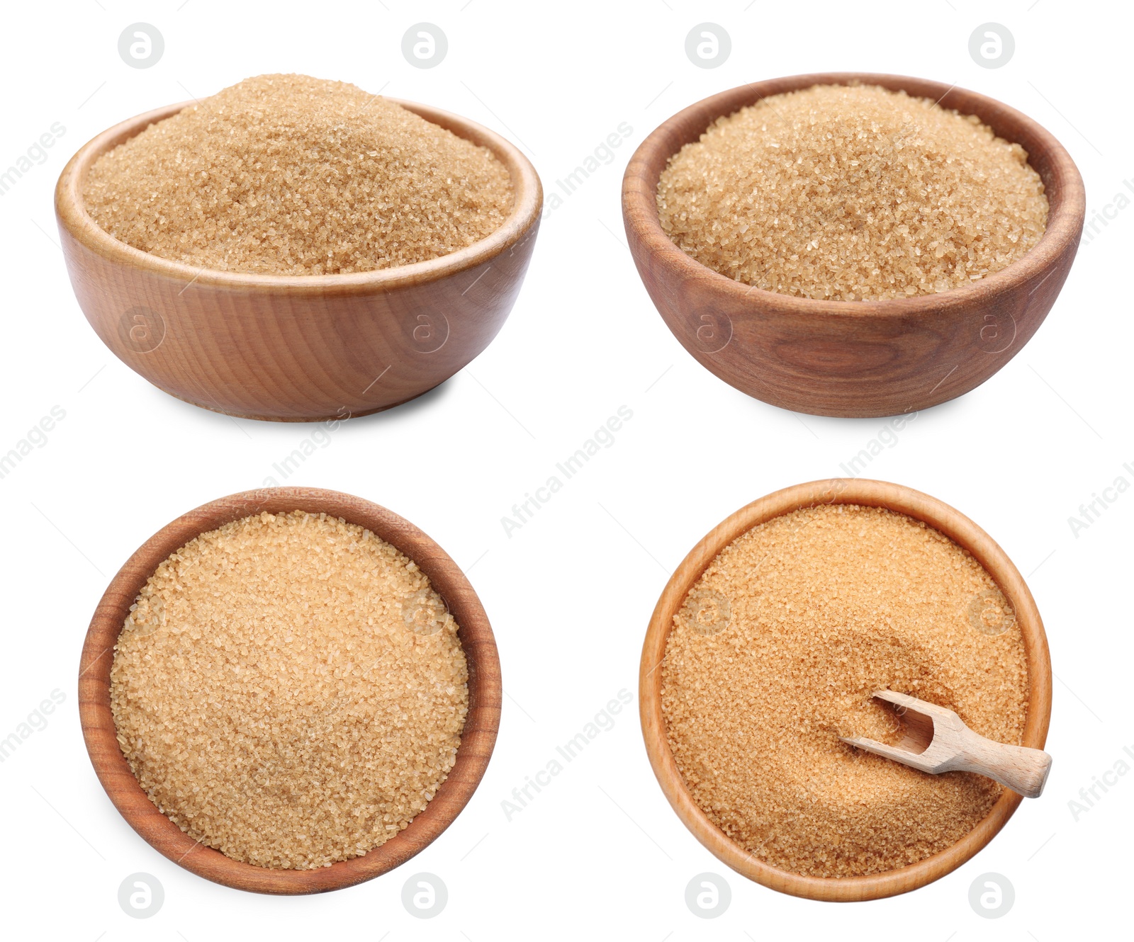 Image of Brown sugar in wooden bowls on white background