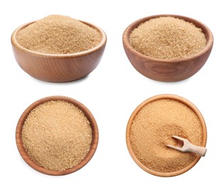 Image of Brown sugar in wooden bowls on white background