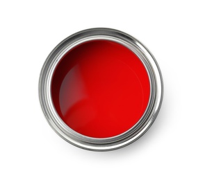 Photo of Open paint can on white background, top view