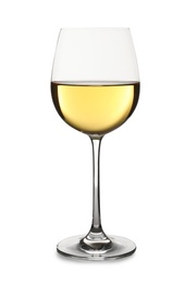 Photo of Glass of delicious expensive wine on white background