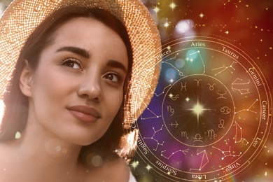 Image of Beautiful young woman and illustration of zodiac wheel with astrological signs on color background
