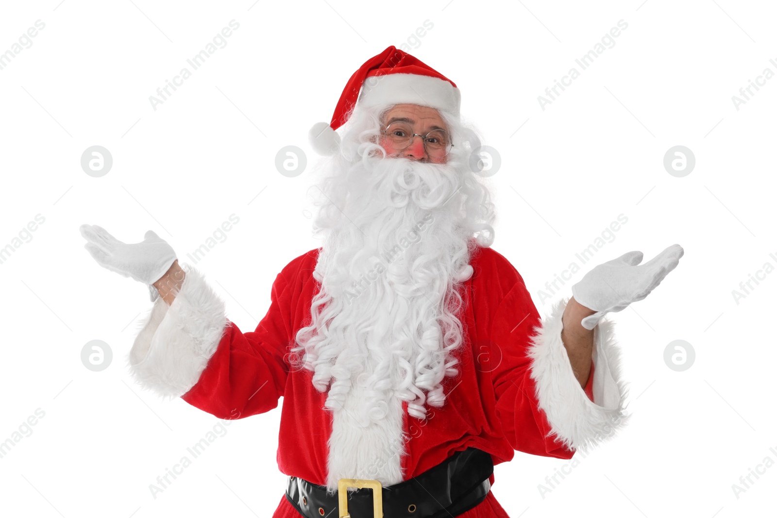 Photo of Man in Santa Claus costume posing on white background