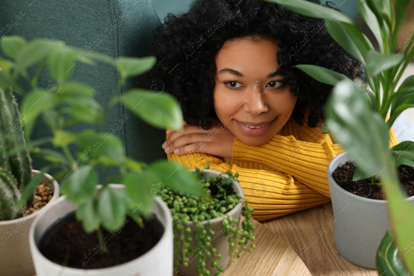 Photo of Relaxing atmosphere. Happy woman near potted houseplants indoors