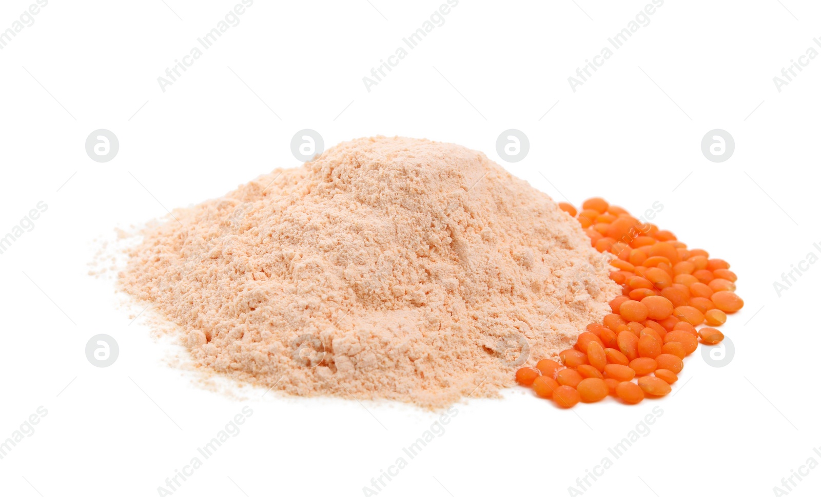 Photo of Pile of lentil flour and grains on white background