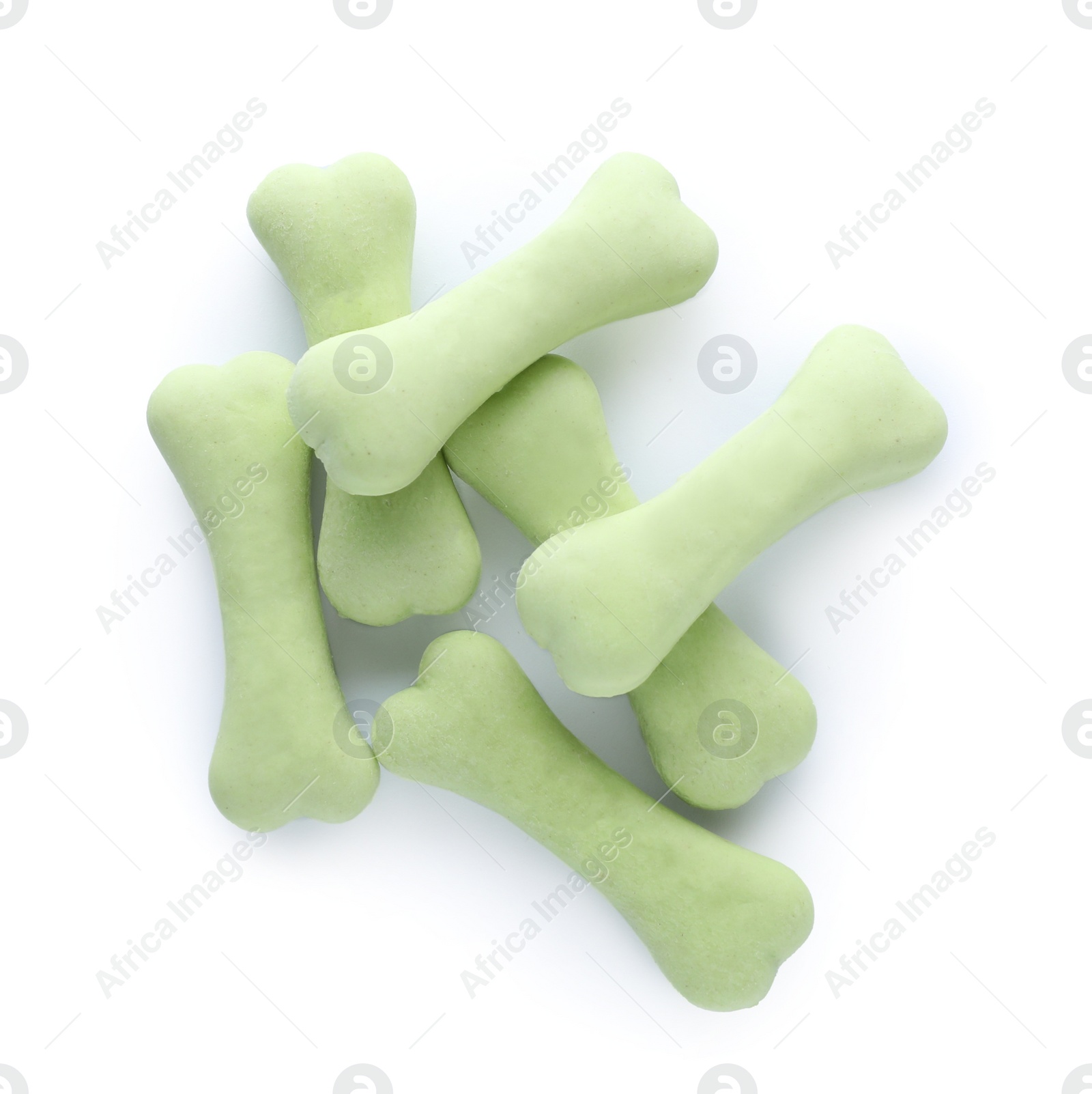 Photo of Bone shaped dog cookies on white background, top view