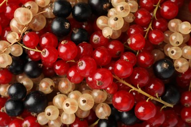 Photo of Different fresh ripe currants as background, top view