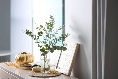 Photo of Beautiful eucalyptus branches and decor on cabinet in modern room. Interior design