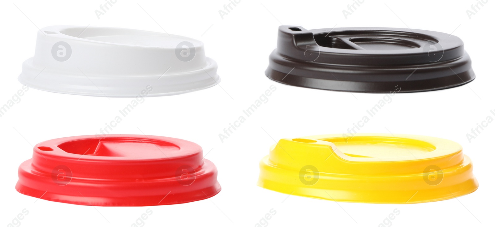 Image of Set of plastic lids for takeaway cups on white background. Banner design