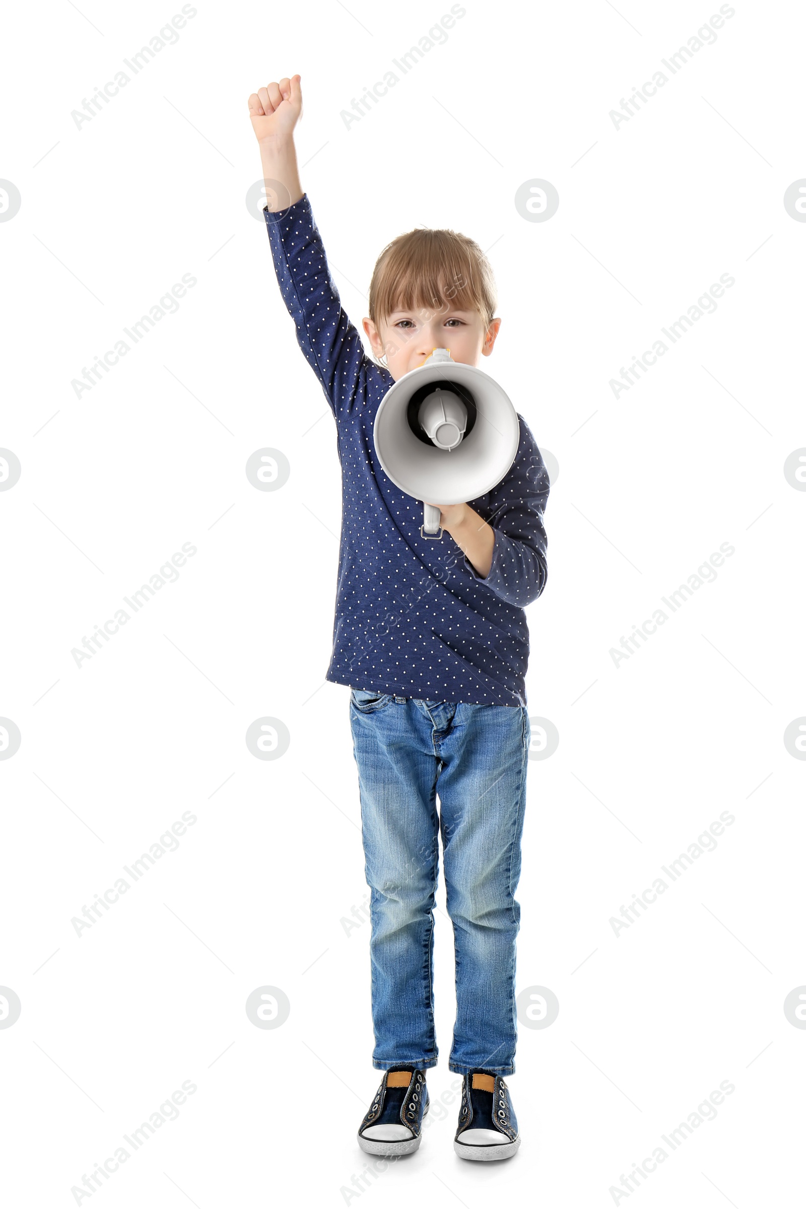 Photo of Cute little girl with megaphone on white background