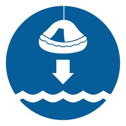 International Maritime Organization (IMO) sign, illustration. Lower life raft to water