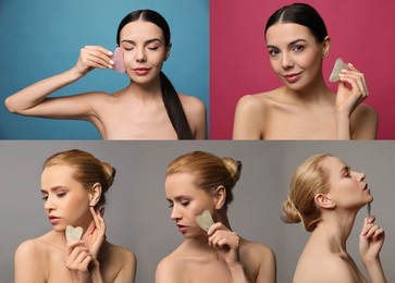 Collage with portraits of beautiful women with gua sha facial tools on color backgrounds