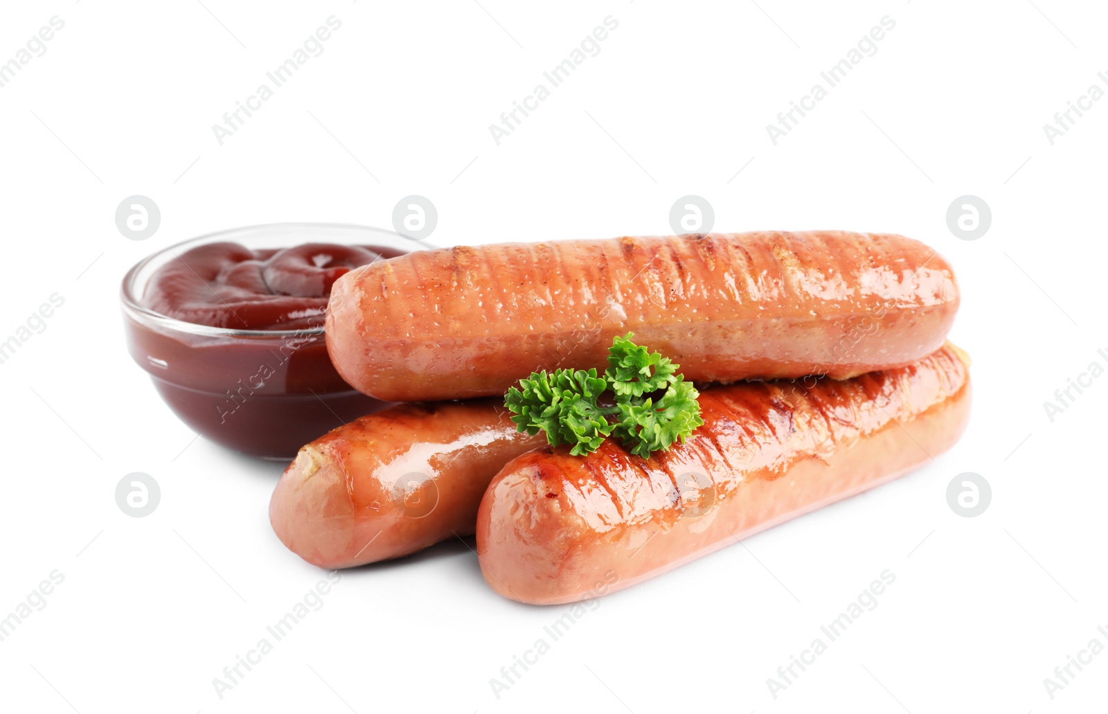 Photo of Delicious grilled sausages and sauce on white background. Barbecue food