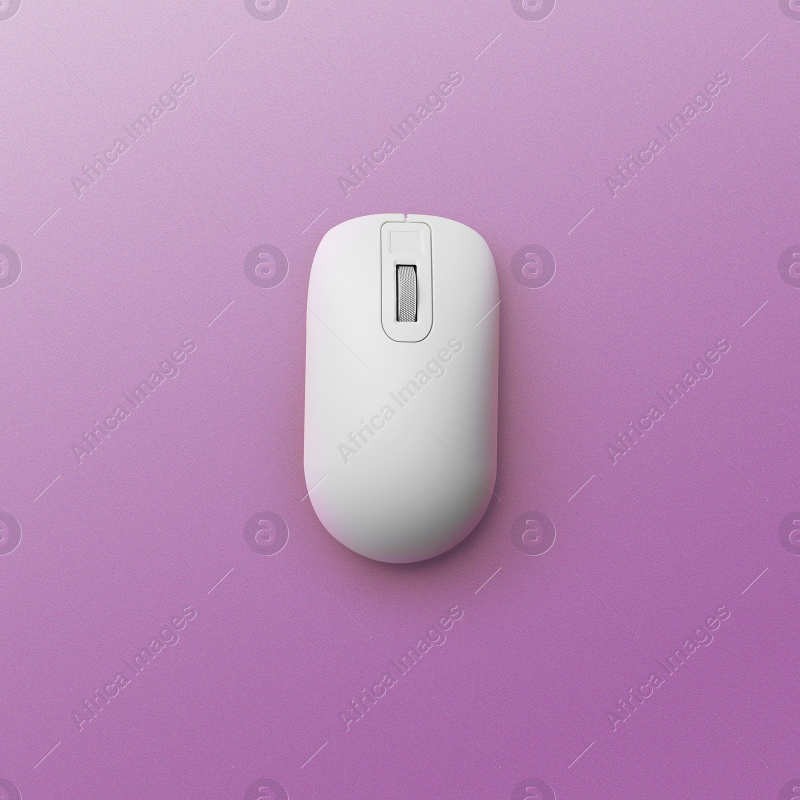 Image of Modern wireless computer mouse on lilac background, top view