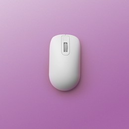 Modern wireless computer mouse on lilac background, top view