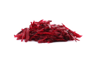 Heap of grated fresh red beet on white background