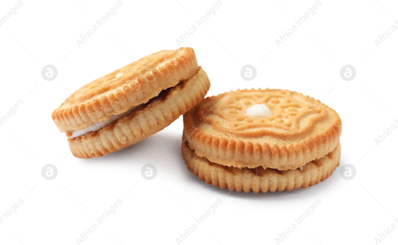 Photo of Two tasty sandwich cookies isolated on white