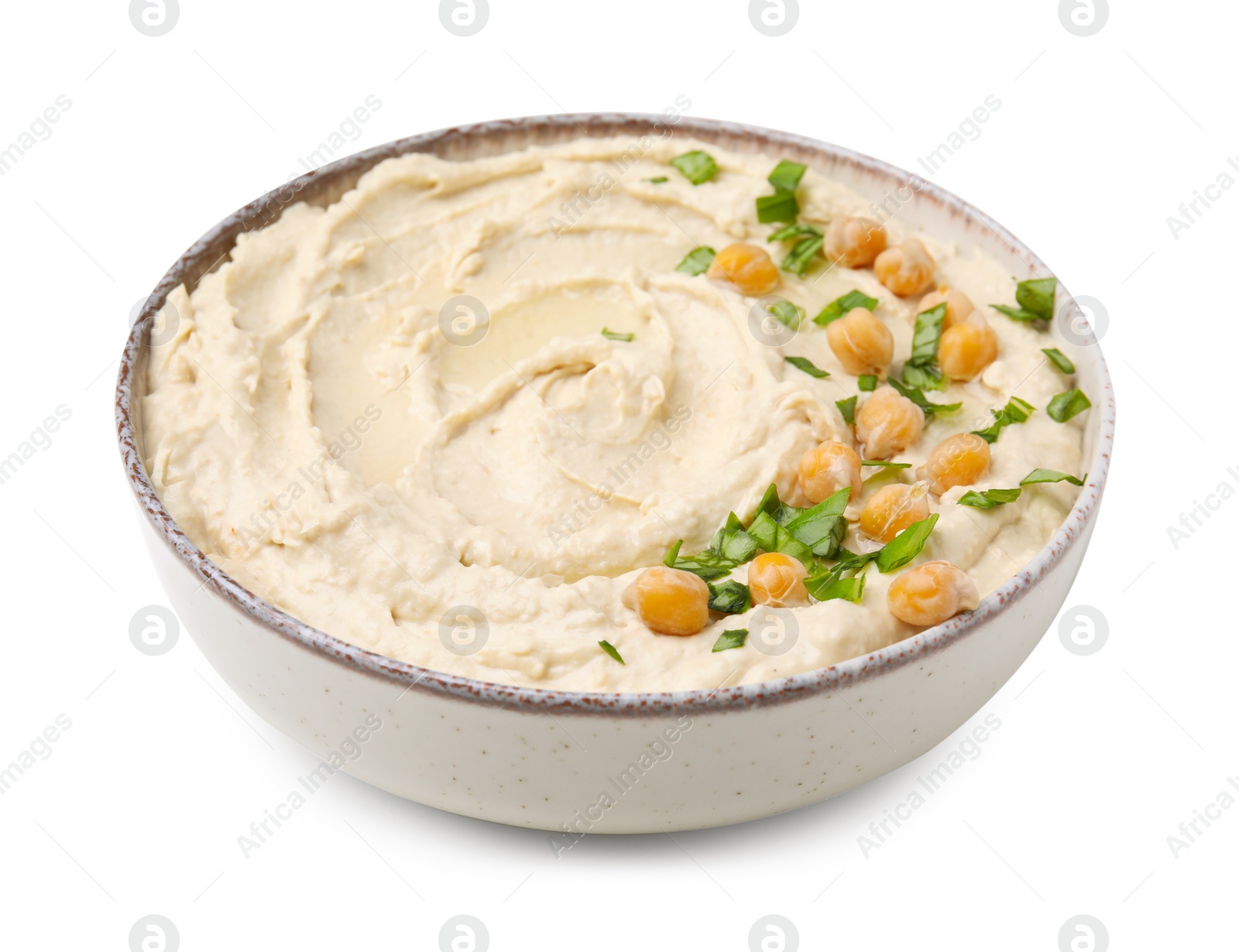 Photo of Bowl of delicious hummus with chickpeas isolated on white