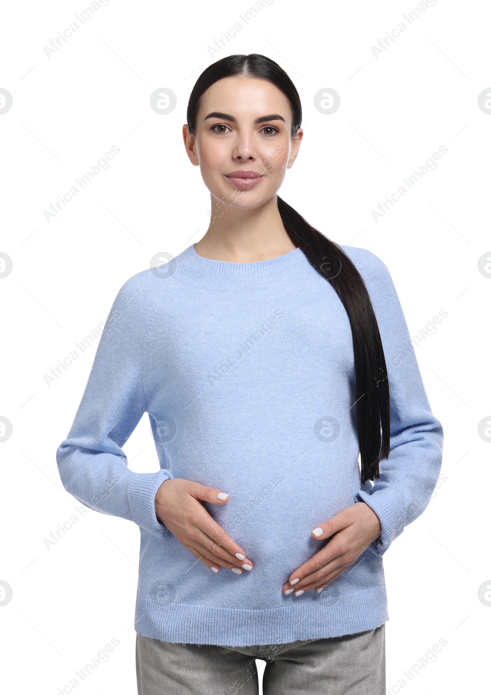 Photo of Portrait of beautiful pregnant woman isolated on white