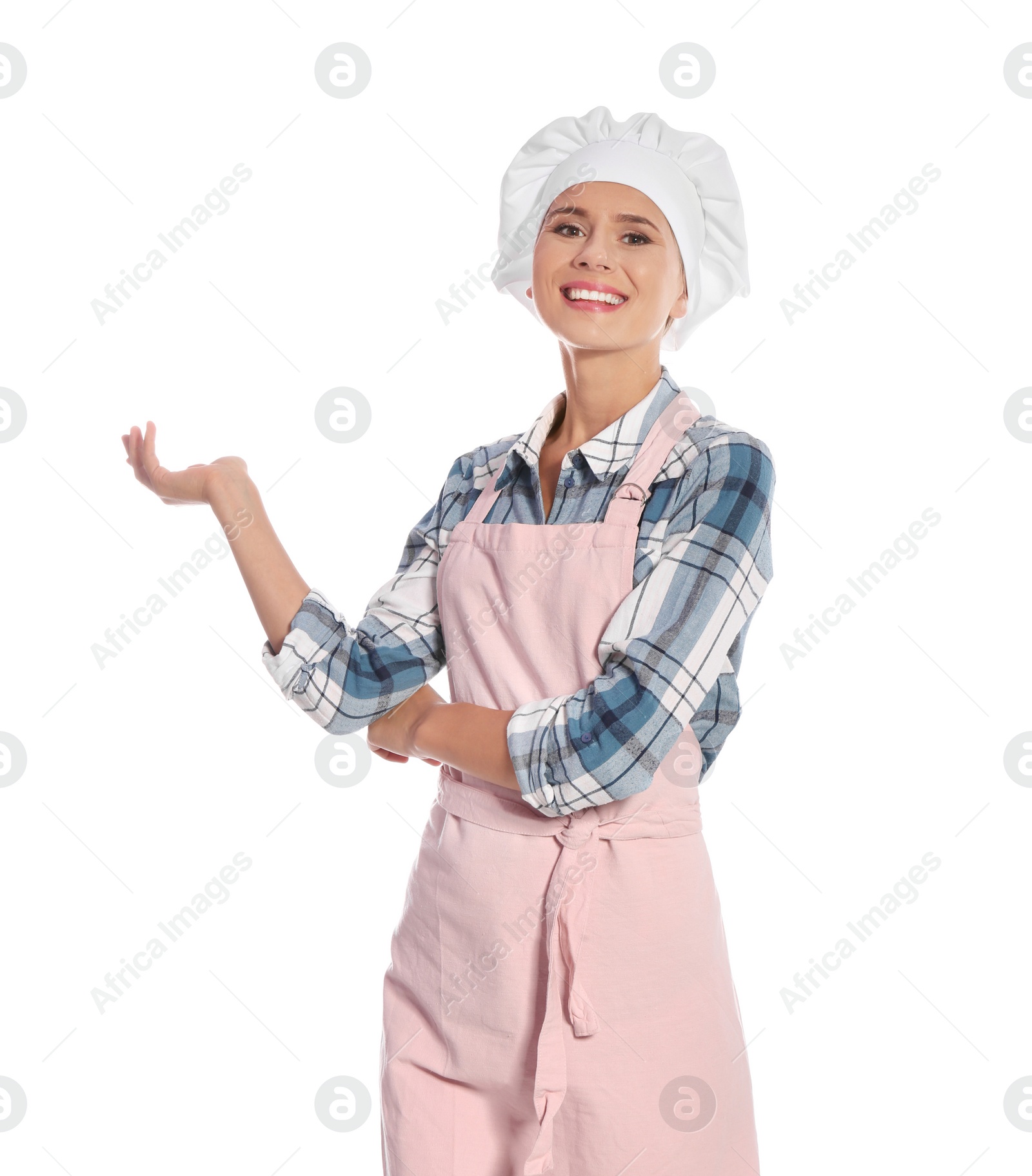 Photo of Female chef in apron on white background