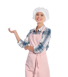 Photo of Female chef in apron on white background