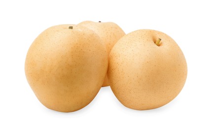 Photo of Many fresh ripe apple pears isolated on white