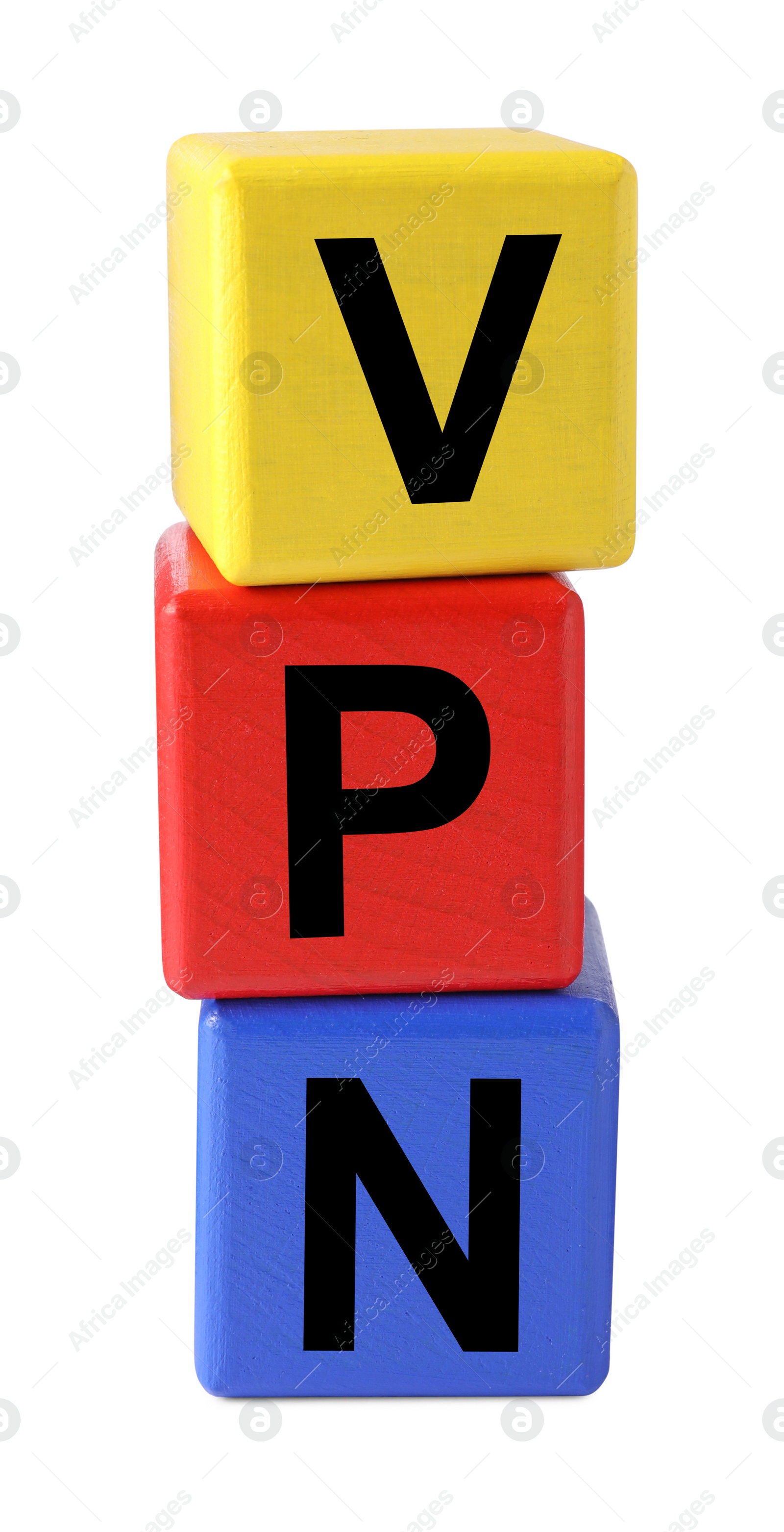 Photo of Acronym VPN (Virtual Private Network) made of colorful cubes isolated on white