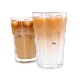 Glasses of fresh iced coffee isolated on white