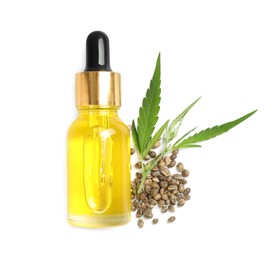 Bottle of hemp oil, leaves and seeds on white background, top view