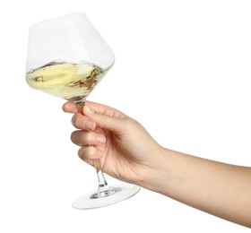 Photo of Woman with glass of wine isolated on white, closeup