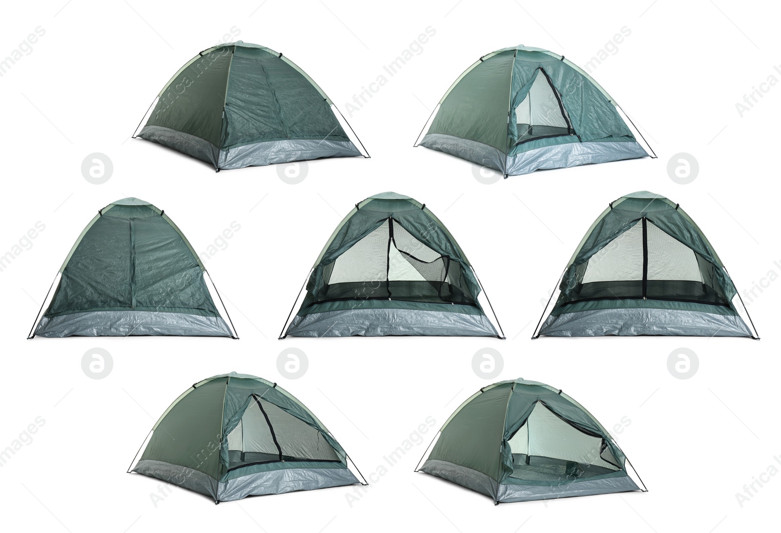 Image of Dark green camping tents on white background, collage 